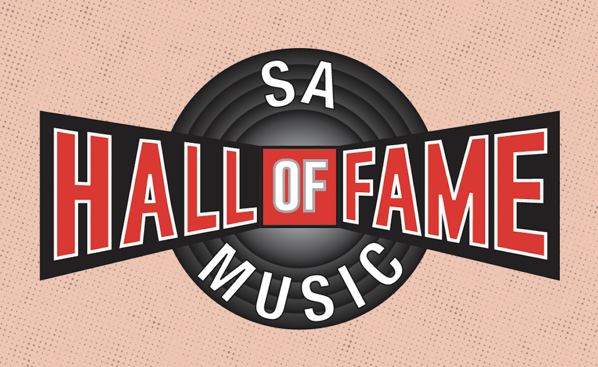Official logo for the SA Music Hall of Fame featuring red and white text over a black vinyl record on a pink background.